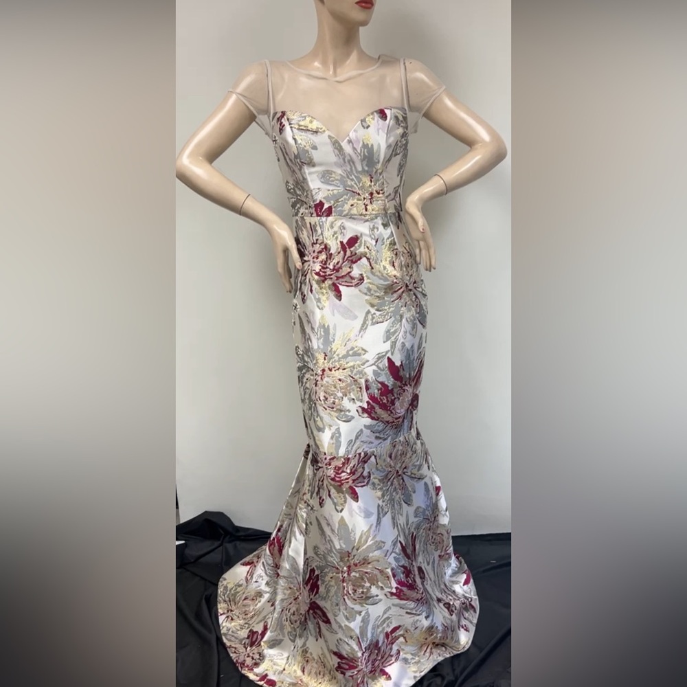 Aidan Mattox jacquard short sleeve mesh top long gown - Picture 6 of 17